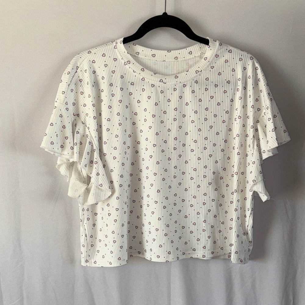 Ruffled Short Sleeve Set with Pink Heart Print - White